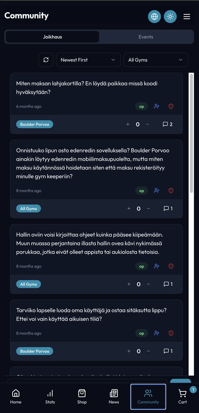 Der Community-Bildschirm: Fragen von Mitgliedern, jeweils mit dem betroffenen Gym, einer Stimmenzahl und den Antworten.