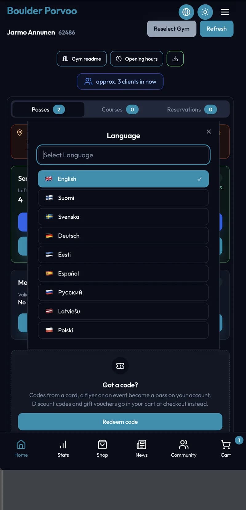Die Sprachauswahl: Englisch, Finnisch, Schwedisch, Deutsch, Estnisch, Spanisch, Russisch, Lettisch und Polnisch.
